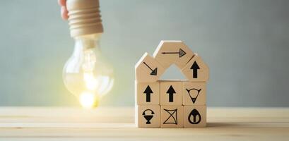 Creative idea, solution and innovation concept. Idea generation for business development. Wooden cube blocks with light bulb and cycle icons on clean background and copy space. photo