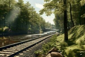 Forest trees and river railroad on spring afternoon. Train tracks travel concept. AI Generative photo