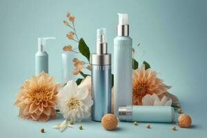 Fresh floral skincare concept. Top view flat lay of pump bottle, pipette, cream bottles, and tubes with flowers on pastel blue background with an empty circle for text or branding. AI Generative photo