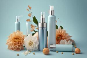 Fresh floral skincare concept. Top view flat lay of pump bottle, pipette, cream bottles, and tubes with flowers on pastel blue background with an empty circle for text or branding. photo