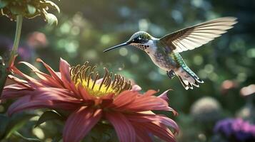 Hummingbird flying to pick up nectar from a beautiful flower. Digital artwork. AI Generative photo
