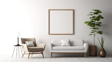 Modern cozy mock up and decoration furniture of living room and empty canvas frame on the white wall texture background, 3D rendering. photo
