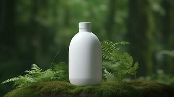 natural cosmetic product presentation backstage. outdoors forest placement. white blank jar shampoo bottle. 3d. AI Generative photo