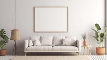 Modern cozy mock up and decoration furniture of living room and empty canvas frame on the white wall texture background, 3D rendering. photo