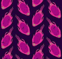 DARK LILAC VECTOR RETRO SEAMLESS BACKGROUND WITH BRIGHT PINK DRAGON FRUIT SLICES IN POP ART STYLE