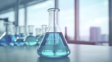 A Science Beaker in the laboratory on a table white and light blue background. laboratory equipment out of focus. photo