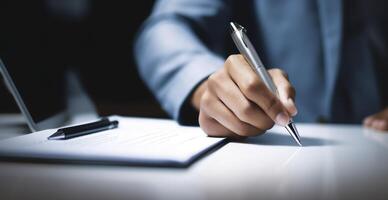 Businessman use pen to tick correct sign mark in checkbox for quality document control checklist and business approve project concept. photo