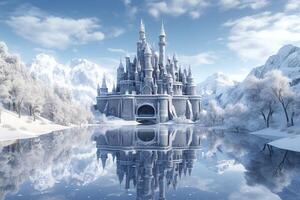 A Snowy Wonderland, A 3D Rendering of Elsa Castle in a Blue Snowy Mountain Background. photo