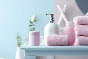 A pastel bathroom shelf with pink skincare products, copy space, banner, pink and pastel blue bright palette, barbiecore. AI Generative photo
