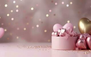 Happy Valentines Day banner. Pink and gold hearts foil balloons with gifts on pink bokeh. Valentine's Day background. Romantic banner Background, empty space for text,  AI Generative photo