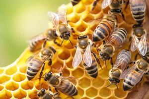 honey bees on honeycomb in apiary in summertime, Honey bees communicate with each other, AI Generative photo