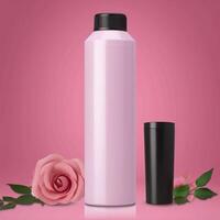 Amazonas producto imagen cuerpo lavar, cilindro botella sólido color rosado fondo, con rosas, ai generativo foto