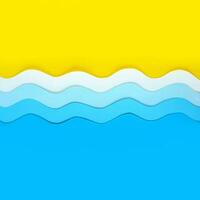 Square seashore background. Summer sea holidays concept. Yellow beach sand at top and and paper cut blue waves at the bottom. The ocean coast layout. Place for your text. photo