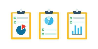 Set of document icons with a pie chart, a graph marked with a green cross vector