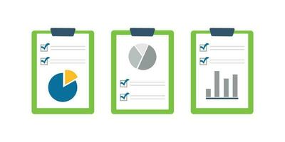 Set of document icons with a pie chart, graph marked with a blue checkmark vector