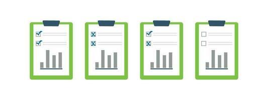 Set of document icons with graph marked with a blue check mark and crosses vector