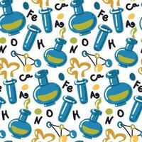 sin costura modelo con vaso matraces y químico elementos. espalda a escuela. antecedentes para un química lección. matraces con líquidos para experimentos impresión en el paquete vector