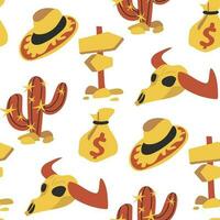 Cowboy seamless pattern with hats, bull skull, direction, money and cacti. Vector flat graphics. Western packaging in shades of red and yellow. Printing on textiles and paper