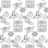Contoured black and white pattern in western style, cowboy. Desert, search, revolver, bullet, sheriff, boot. Seamless vector for printing on paper and textiles. Thematic packaging. Western Party