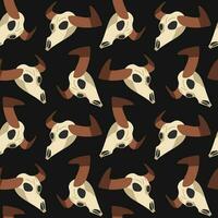 A pattern with a buffalo skull on a black background. Seamless pattern. Print from the wild West. Vector illustration. Tattoo with vintage print. A colored buffalo skull in western style