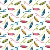 A pattern with colored writing markers and doodles drawn. Cartoon markers, text highlighters. Stylish elements of school, office creative design. Vector. Printing packaging vector