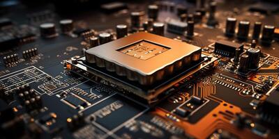 . . PC computer micro chip processor motherboard background. Digital data future background science vibe. Graphic Art photo
