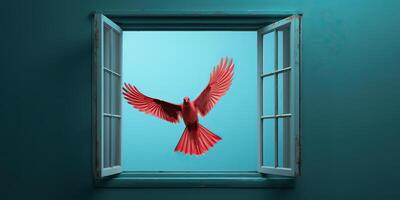 . . Wild open window with flying bird. Free freedom nature go away life vibe. Graphic Art photo