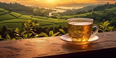 AI Generated. AI Generative. Cup of green tea with field green plantation mountain background scene. Graphic Art photo