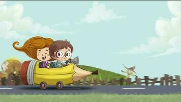 Happy boy and girl on the way to school in a pencil car video