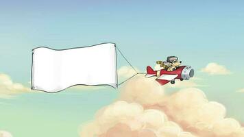 Dog flying with plane among the clouds with advertising banner, in children's illustration style video