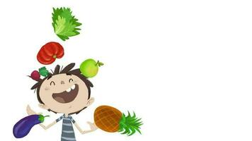Child with fruit juggling. Healthy food video