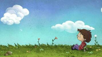 Kind Sitzung im das Feld. Wiese mit Wolken, Gräser und Blumen video
