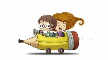 Happy children driving a giant pencil car video