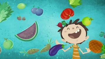 bambino con frutta. bambino giocando con frutta con sfondo video