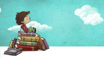 chico con muchos libros sentado con nube antecedentes video