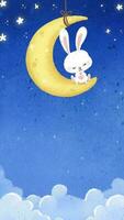 An adorable rabbit sitting on the moon surrounded by stars and clouds, sleeping peacefully. video