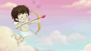 San Valentín día. Cupido, enamorado disparo un flecha a un corazón. con cielo antecedentes con nubes video