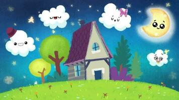House in the field at night with starry sky, with moon and funny clouds video