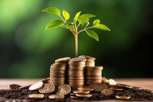 Business growth with a growing tree on a coin. Showing financial developments. Financial planning concept by AI Generated photo