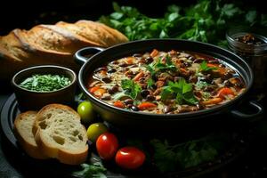 un delicioso Minestrone sopa comida en un bol. italiano comida y sano proteína sopa comida concepto por ai generado foto