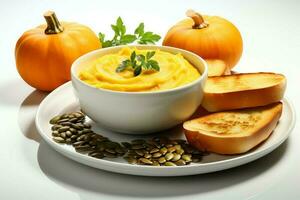 A delicious pumpkin soup food cream in a bowl. Winter food and high healthy soup meal concept by AI Generated photo