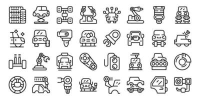 Auto assembly icons set outline vector. Robot factory vector