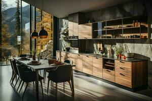 Modern kitchen interior design in apartment or house with furniture. Luxury kitchen home scandinavian concept by AI Generated photo