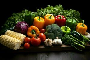 colección mezcla Fresco vegetales y frutas para un ensalada. sano dieta concepto y vegetales comida por ai generado foto