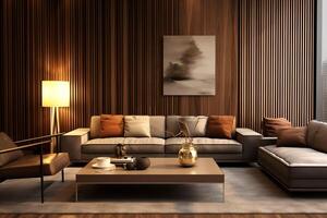 Modern apartment interior in living or bedroom design with working table, furniture, and bookshelf. Luxury home scandinavian concept by photo