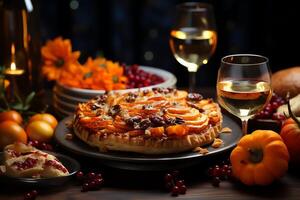 Thanksgiving day meal with pie, pumpkin, oranges, or roasted chicken in oven form. Thanksgiving food concept by AI Generated photo