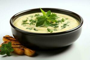 A delicious vegetables soup food in a bowl. Winter food and high protein soup meal concept by AI Generated photo