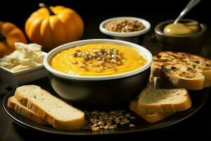 A delicious pumpkin soup food cream in a bowl. Winter food and high healthy soup meal concept by AI Generated photo