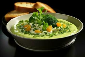 un delicioso vegetales sopa comida en un bol. invierno comida y alto proteína sopa comida concepto por ai generado foto