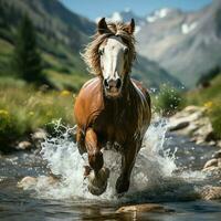 un salvaje caballo corriendo en el arroyo. salvaje o granja animales concepto por ai generado foto